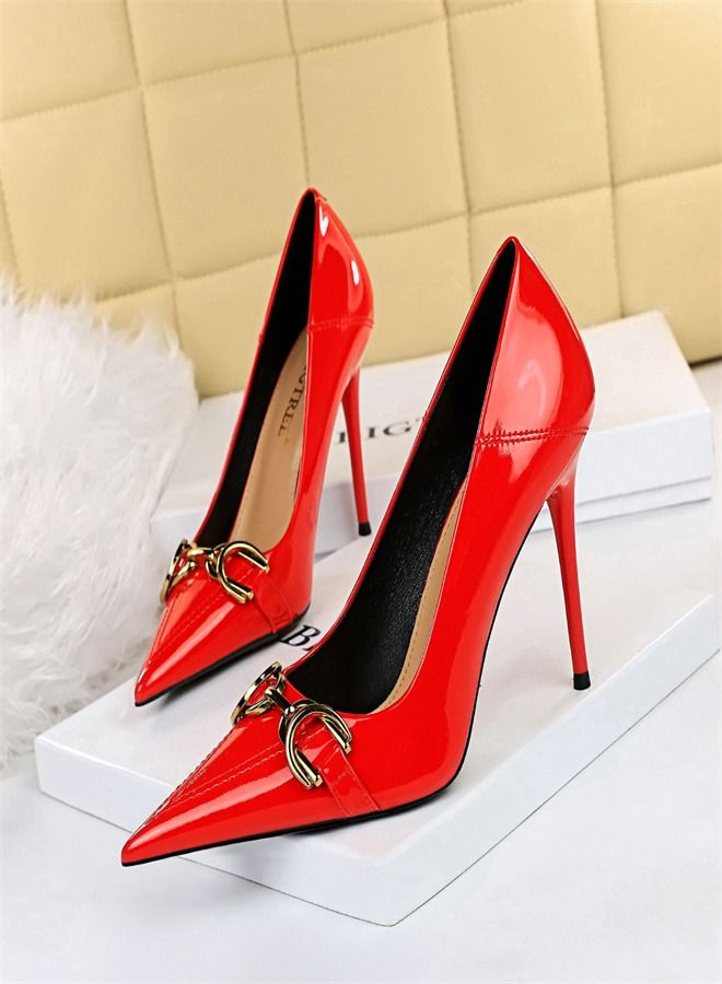 BIGTREE Metal Belt Buckle High-Heeled Shoes 10CM Red 