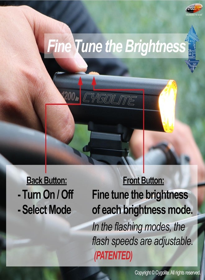 Cygolite Velocity Endurance 1,200 Lumen Bicycle Light- Anodized Aluminum Alloy- High Run Time-9 Modes- Fine Tunable Brightness-Compact IP67 Waterproof- Hard Mount- USB-C Charge-Road, Mountain, Commute - Image 4
