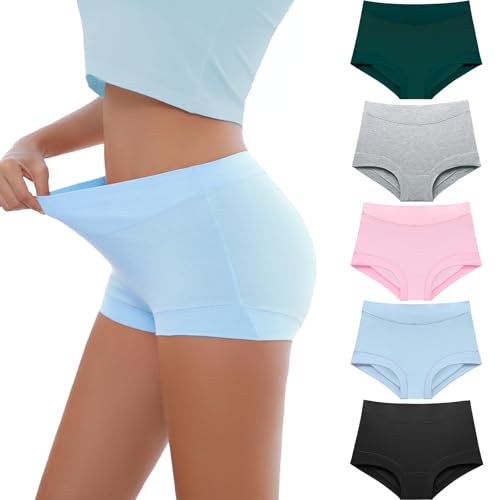 Migbean Women's Cotton Boxer Briefs Underwear Boy Shorts Underwear Lightweight High Waist Panties 5 Pack Multicolor - Image 1