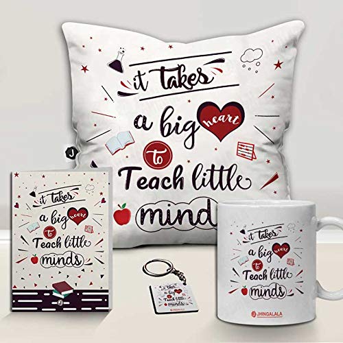 Jhingalala Jhingalala It Takes A Big Heart to Teach Little Minds Printed Satin Cushion Filler Mug Key Chain Greeting Card Combo White 12x12 inches