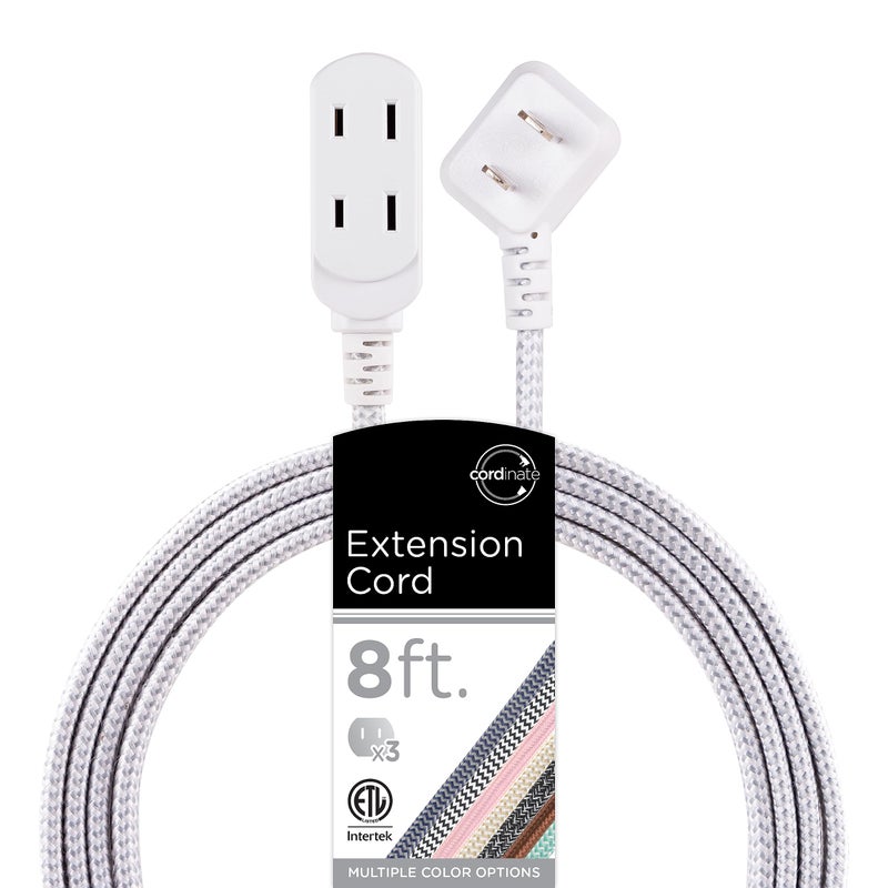 Cordinate Extension Cord, 8 Ft, 3-Outlet Flat Plug Extension Cord, Braided Extension Cord with Multiple Outlets, 2 Prong Extension Cord, Safety Slide 125V Long Extension Cord, 1 Pack, White, 39980 - Image 1