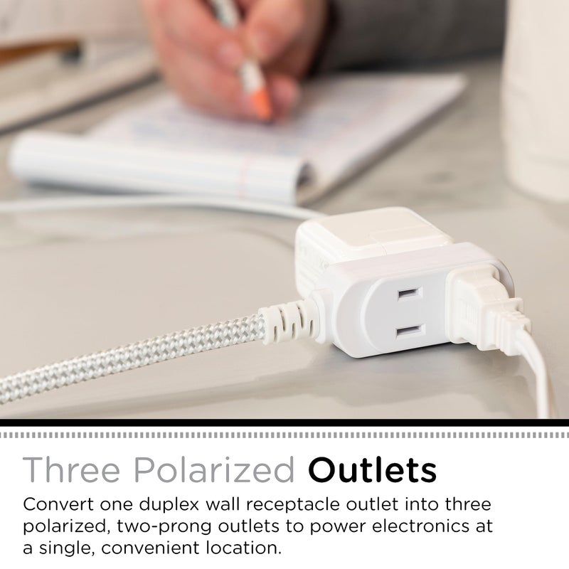 Cordinate Extension Cord, 8 Ft, 3-Outlet Flat Plug Extension Cord, Braided Extension Cord with Multiple Outlets, 2 Prong Extension Cord, Safety Slide 125V Long Extension Cord, 1 Pack, White, 39980 - Image 2