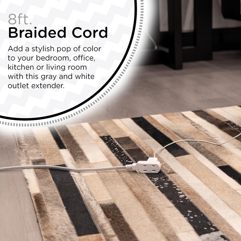 Cordinate Extension Cord, 8 Ft, 3-Outlet Flat Plug Extension Cord, Braided Extension Cord with Multiple Outlets, 2 Prong Extension Cord, Safety Slide 125V Long Extension Cord, 1 Pack, White, 39980 - Image 3