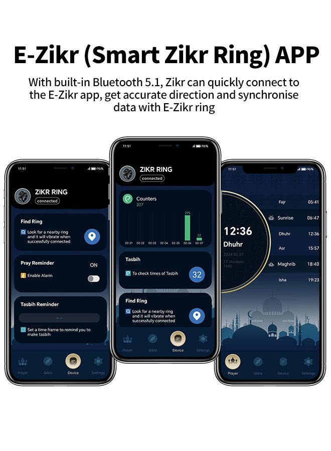 New Smart Tasbih Zikr Ring Rechargeable Zikr Ring with 3 Sizes (18/20/22mm) Ring Count Reminder Muslim Prayer Timing, OLED Display, Tasbih Counter APP Support (Black) - Image 3