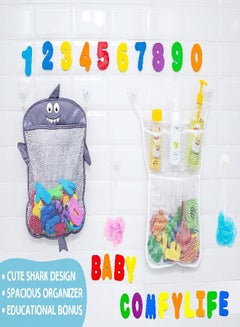 Comfylife Baby Bath Toy Organizer - Shark +36 Bath Letters & Numbers +Extra  Bath Toy Storage Net & 10 Strong Hooks, Great Bath Net for Kids, Cute