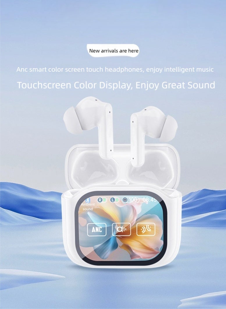 سماعة أذن لاسلكية حقيقية مزودة بعلبة شحن مع شاشة لمس ملونة كاملة، تستخدم تقنية البلوتوث 5.4، مع إلغاء ضوضاء نشط (ANC) + وضع نافذة تكيفي، وتأثيرات صوتية سبيس دوبل من BISA، وصوت مكاني Hi-Fi. - Image 1