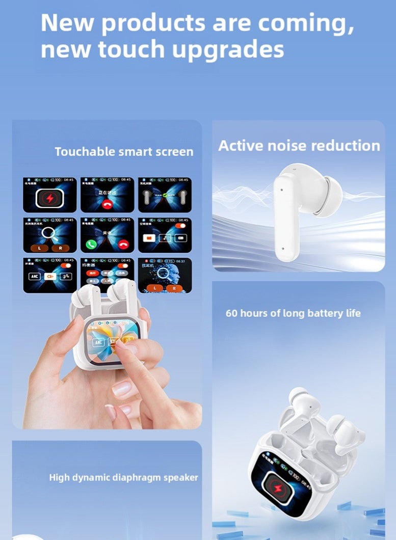 سماعة أذن لاسلكية حقيقية مزودة بعلبة شحن مع شاشة لمس ملونة كاملة، تستخدم تقنية البلوتوث 5.4، مع إلغاء ضوضاء نشط (ANC) + وضع نافذة تكيفي، وتأثيرات صوتية سبيس دوبل من BISA، وصوت مكاني Hi-Fi. - Image 2
