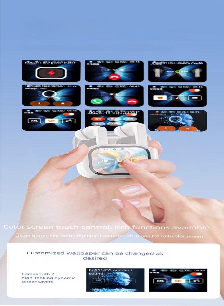 سماعة أذن لاسلكية حقيقية مزودة بعلبة شحن مع شاشة لمس ملونة كاملة، تستخدم تقنية البلوتوث 5.4، مع إلغاء ضوضاء نشط (ANC) + وضع نافذة تكيفي، وتأثيرات صوتية سبيس دوبل من BISA، وصوت مكاني Hi-Fi. - Image 3