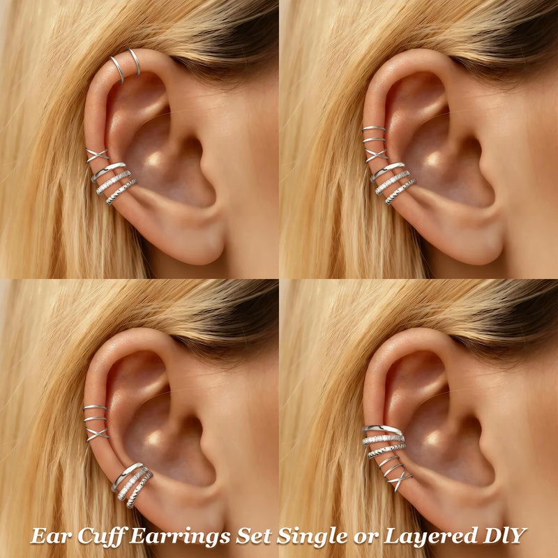 YANCHUN 5 Pairs Ear Cuffs Non Piercing Silver Ear Cuff Earrings for Women Trendy Clip on Cartilage Earring Stacks Non Pierced Adjustable Fake Earrings Set Jewelry - Image 3