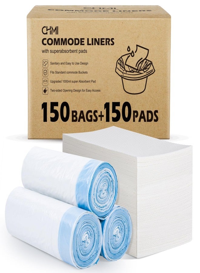 CHMI 150 Pack Commode Liners with Absorbent Pads，150 Disposable Commode Bags and 150 Pads,Universal Fit All Standard Toilet Chair Bucket， Bucket Toilet，Portable Commode Poop Bags for Commode Chair - Image 1