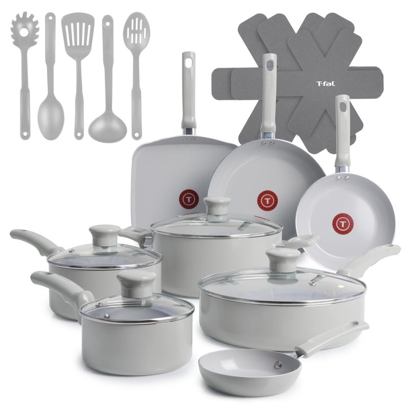 T-Fal Refresh Ceramic Pots and Pans Set, 20-Piece Nonstick Cookware Set, Stockpot, Griddle, Frying Pans, Utensils, Moon Grey - Image 1