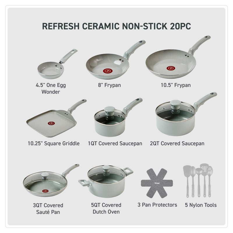 T-Fal Refresh Ceramic Pots and Pans Set, 20-Piece Nonstick Cookware Set, Stockpot, Griddle, Frying Pans, Utensils, Moon Grey - Image 2