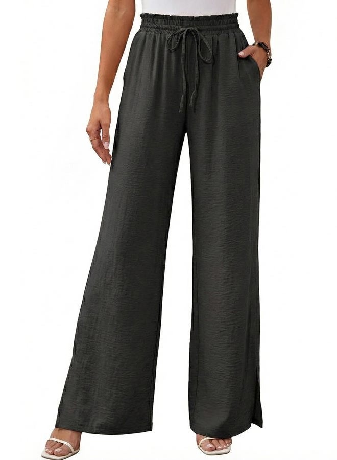 GRACESELECT Womens Wide Leg Pants High Waisted Adjustable Drawstring Trousers with Pockets, Black, M - Image 1