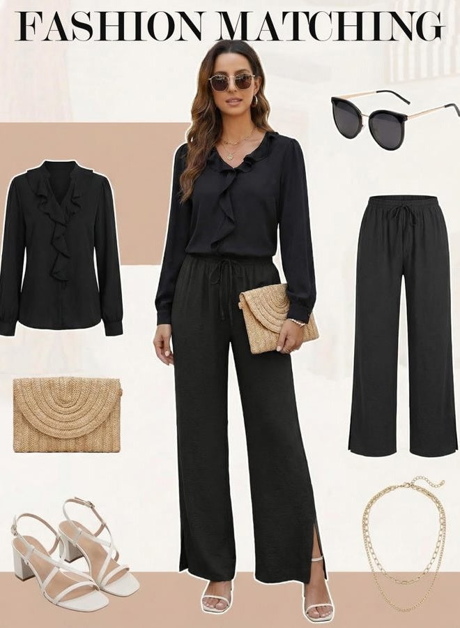 GRACESELECT Womens Wide Leg Pants High Waisted Adjustable Drawstring Trousers with Pockets, Black, M - Image 5