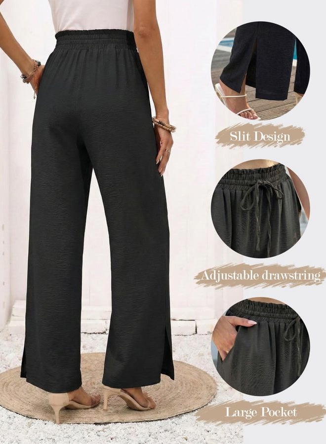 GRACESELECT Womens Wide Leg Pants High Waisted Adjustable Drawstring Trousers with Pockets, Black, M - Image 3