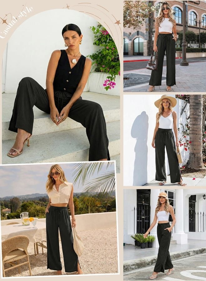 GRACESELECT Womens Wide Leg Pants High Waisted Adjustable Drawstring Trousers with Pockets, Black, M - Image 2