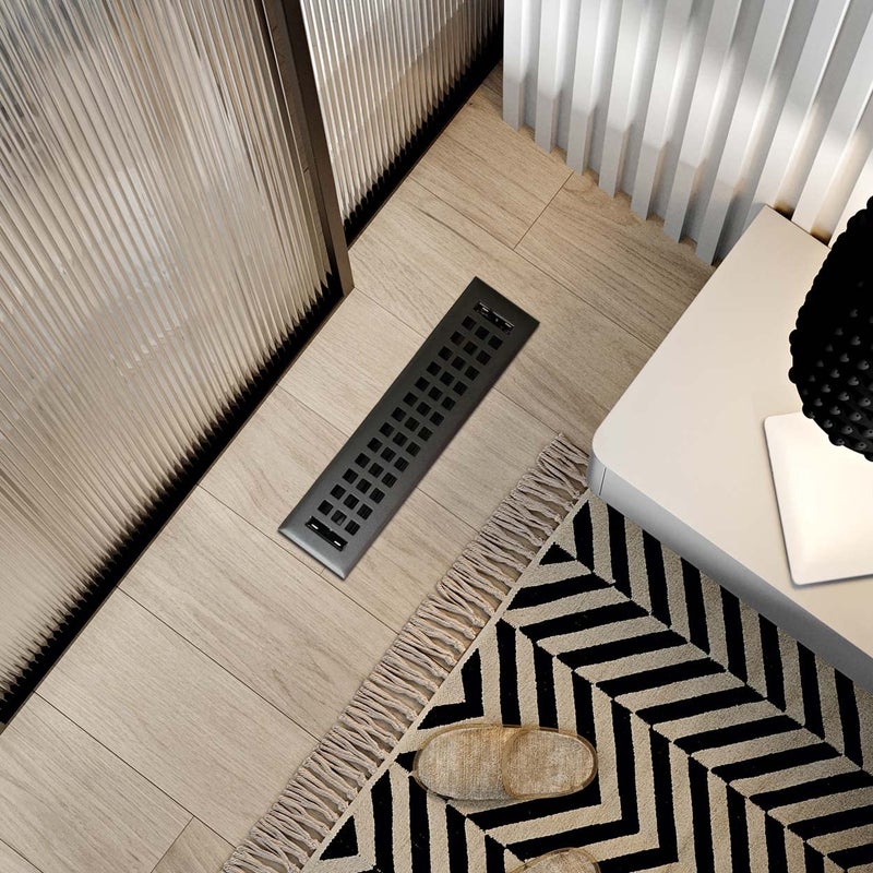 EMPIRE REGISTER CO شركة إمباير ريجستر، غطاء تهوية - 2 × 12 بوصة، تصميم مربع، طلاء أسود محكم، أغطية تهوية أرضية شديدة التحمل، مزودة بمخمد معدني. أغطية تهوية للأرضيات المنزلية فقط. - Image 5
