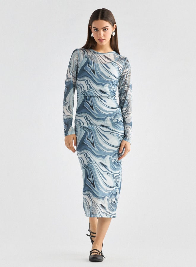 سبلاش فيڤ فستان بقصّة ضيّقة وطبعات وأكمام طويلة وتفاصيل فتحة - Image 1