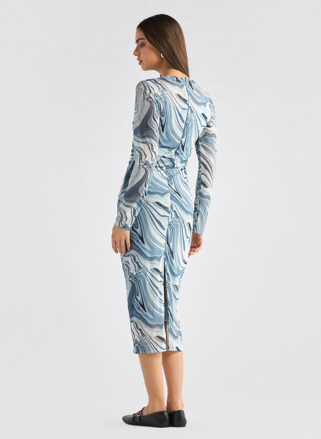 سبلاش فيڤ فستان بقصّة ضيّقة وطبعات وأكمام طويلة وتفاصيل فتحة - Image 3