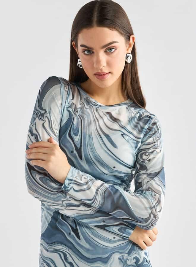 سبلاش فيڤ فستان بقصّة ضيّقة وطبعات وأكمام طويلة وتفاصيل فتحة - Image 4