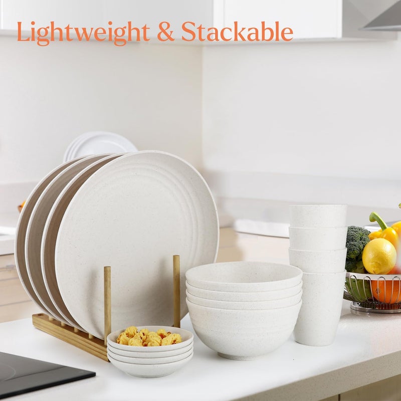 Wrova Wheat straw bowl and plate sets of 16 with cups  Unbreakable plastic dinnerware sets for kitchen  Microwave and Dishwasher safe dishes for kitchencampingindoors and out doors White - Image 4