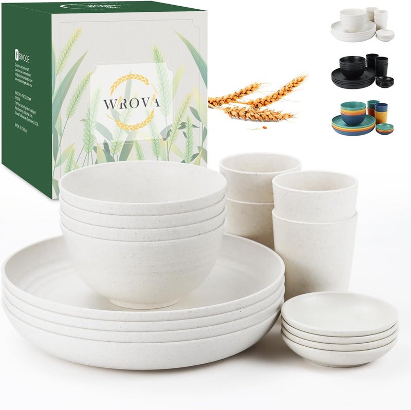 Wrova Wheat straw bowl and plate sets of 16 with cups  Unbreakable plastic dinnerware sets for kitchen  Microwave and Dishwasher safe dishes for kitchencampingindoors and out doors White - Image 1