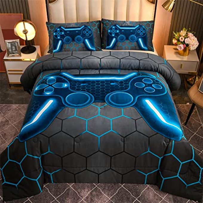 GAME CONSOLE COMFORTER SET FOR BOYS GIRLS KIDS 3D GAMING GEOMETRIC LIGHTWEIGHT MICROFIBER BEDDING SETS BLUE TWIN