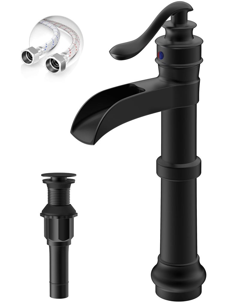 BATHLAVISH Vessel Sink Faucet Matte Black Bathroom Waterfall Sink Faucet Tall Bathroom Single Handle 1 Hole Farmhouse with Pop Up Without Overflow Drain Lavatory
