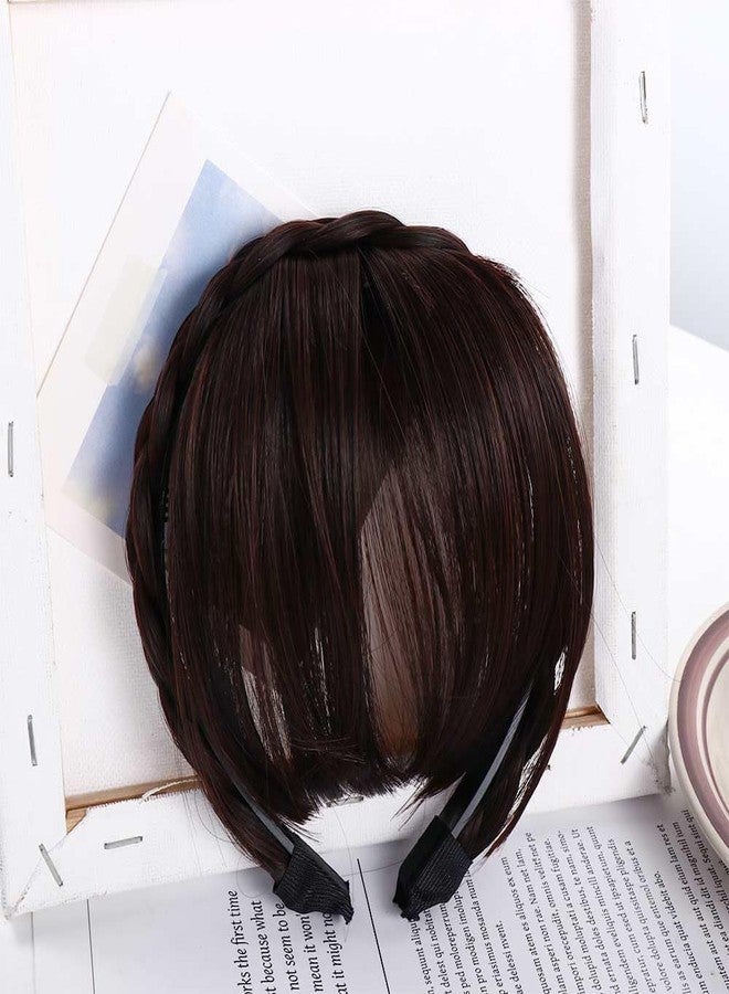 Jinshining طوق شعر بني وأسود مع غرة صناعية، غرة أمامية للنساء والفتيات مع ضفائر مزدوجة، وصلات شعر، أدوات تصفيف الشعر، إكسسوارات شعر، أطواق شعر أنيقة للنساء - Image 2