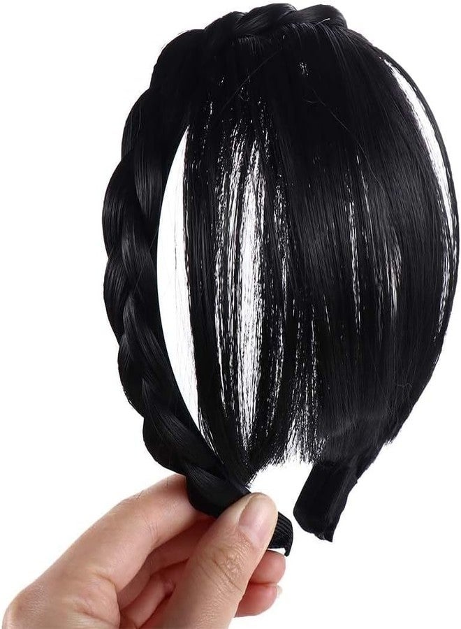 Jinshining طوق شعر بني وأسود مع غرة صناعية، غرة أمامية للنساء والفتيات مع ضفائر مزدوجة، وصلات شعر، أدوات تصفيف الشعر، إكسسوارات شعر، أطواق شعر أنيقة للنساء - Image 1
