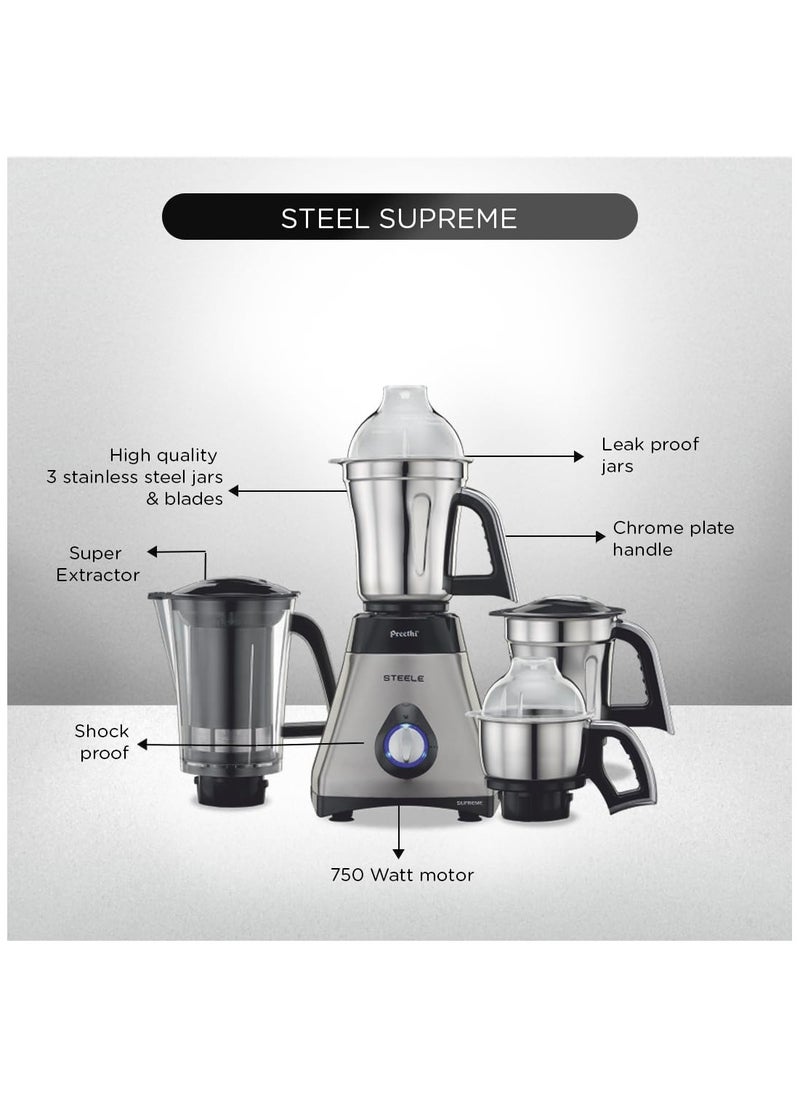Generic - Preethi Steel Supreme MG-208 mixer grinder, 750 watt (Silver/ Black), 4 jars - Super Extractor juicer Jar, Vega W5 motor with 5yr Warranty & Lifelong Free Service - Image 1