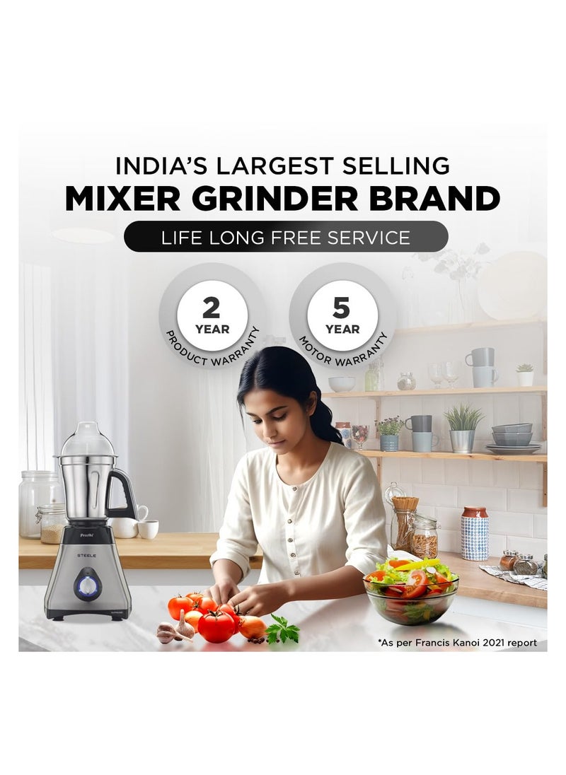Generic - Preethi Steel Supreme MG-208 mixer grinder, 750 watt (Silver/ Black), 4 jars - Super Extractor juicer Jar, Vega W5 motor with 5yr Warranty & Lifelong Free Service - Image 1