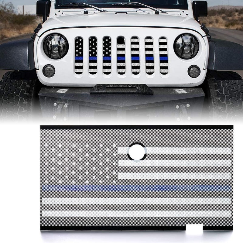 Xprite Aluminum Alloy Grill Mesh Insert Law Enforcement Blue Stripe with Hood Lock Hole Compatible with 2007-2018 Jeep Wrangler JK JKU Stock Grill - Image 1
