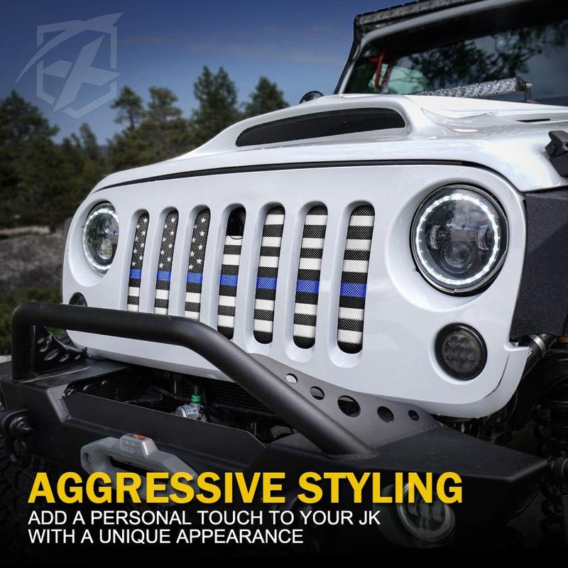Xprite Aluminum Alloy Grill Mesh Insert Law Enforcement Blue Stripe with Hood Lock Hole Compatible with 2007-2018 Jeep Wrangler JK JKU Stock Grill - Image 4