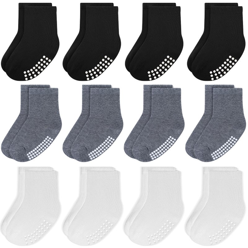 JAKIDAR 12 Pack Baby Toddler Socks Non Slip Grip Cotton Crew Socks for Boys Girls Infants Kids, Black/Gray/White, 6-12 Months - Image 1