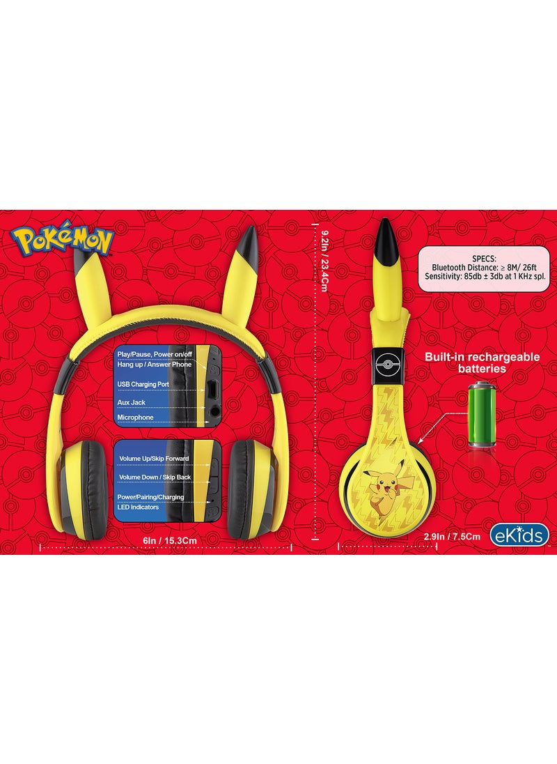 eKids eKids Pokemon Kids Bluetooth Headphones, Wireless Headphones with Microphone Includes Aux Cord, Volume Reduced Kids Foldable Headphones for School, Home, or Travel,Yellow  - Image 3