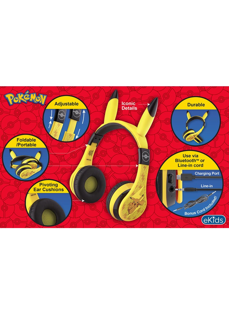 eKids eKids Pokemon Kids Bluetooth Headphones, Wireless Headphones with Microphone Includes Aux Cord, Volume Reduced Kids Foldable Headphones for School, Home, or Travel,Yellow  - Image 2
