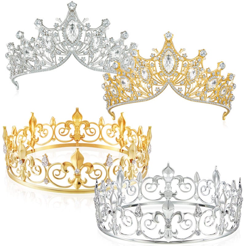 Henoyso 4 Pcs Prom King and Queen Crowns for Men Women Tiara Valentine's Day Party Galentine Wedding, Birthday, Homecoming(Gold, Silver,Royal Style) - Image 1