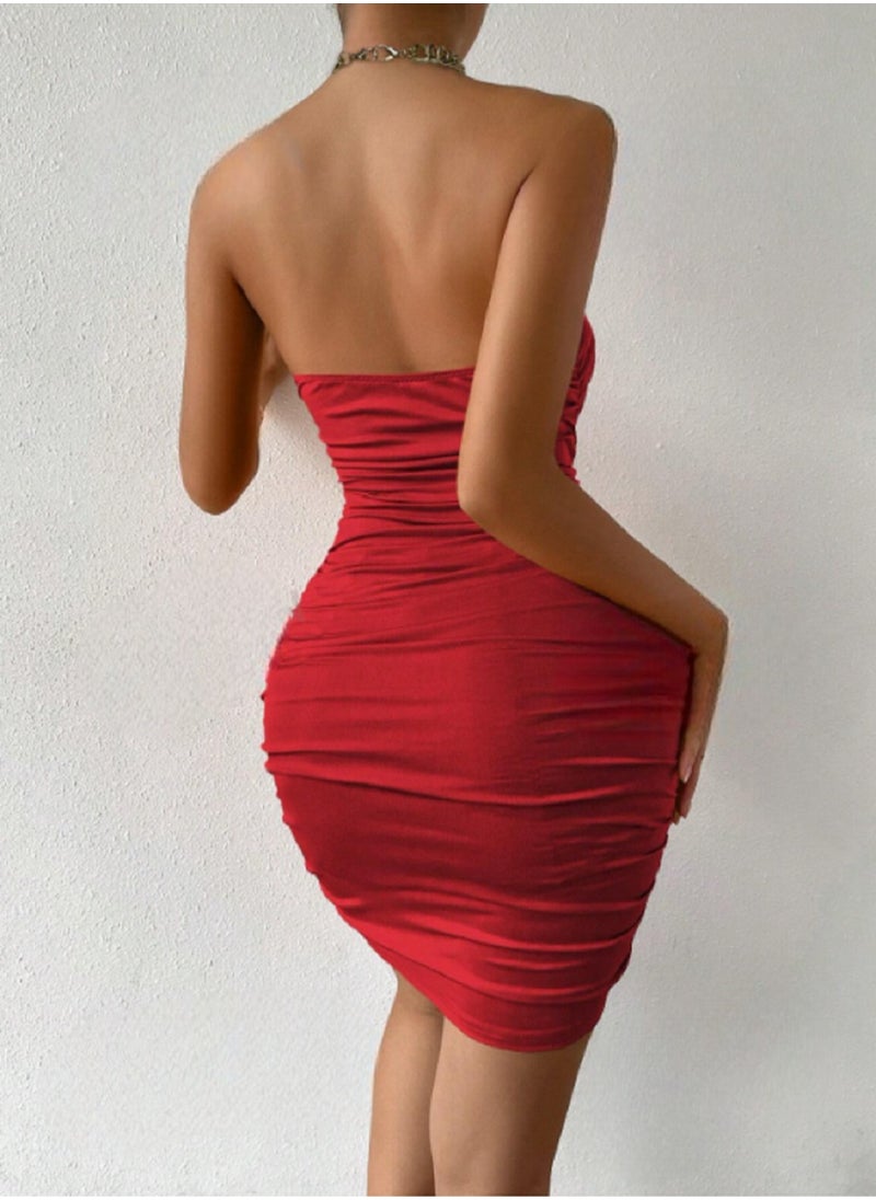 MANIKAN - Chain Strap Cut Out Front Ruched Side Backless Halter Neck Bodycon Dress - Image 1