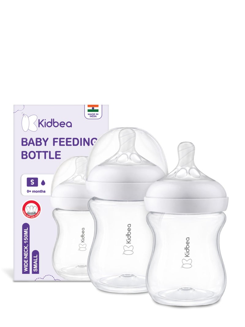 Kidbea® Natural Baby Feeding Bottle 150 ML | Wide Neck, Soft Silicone Nipple, BPA-Free, Leak-Proof, Ideal for Newborn & Infant Babies (Pack of 2) - Image 1