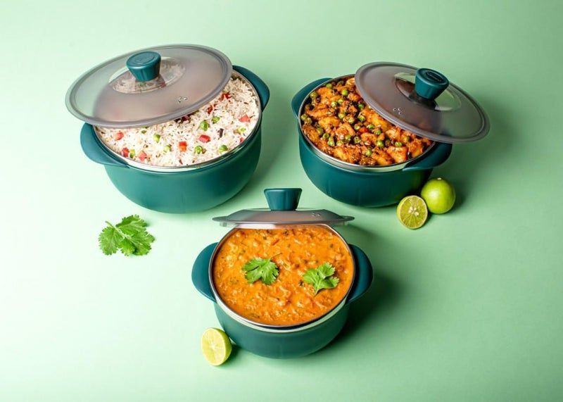 Shrux Serving Bowl with Lid - Set of 3 Pcs Stainless Steel and Plastic Serving Mixing Bowls for Rice & Curry, Microwave Oven & Dishwasher Safe | Hot Insulated Casserole Set-1000ml,1400ml,2200ml - Image 5