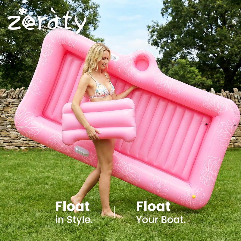 Zeraty 83'' x 50'' Inflatable Tanning Bed Pool Lounger, 2-in-1 Tanning Floating Rafts for Adults, Beach Backyard Personal Sunbathing Pool with Cup Holder, Ice Tray and Sprinkler (330lbs Capacity) - Image 3