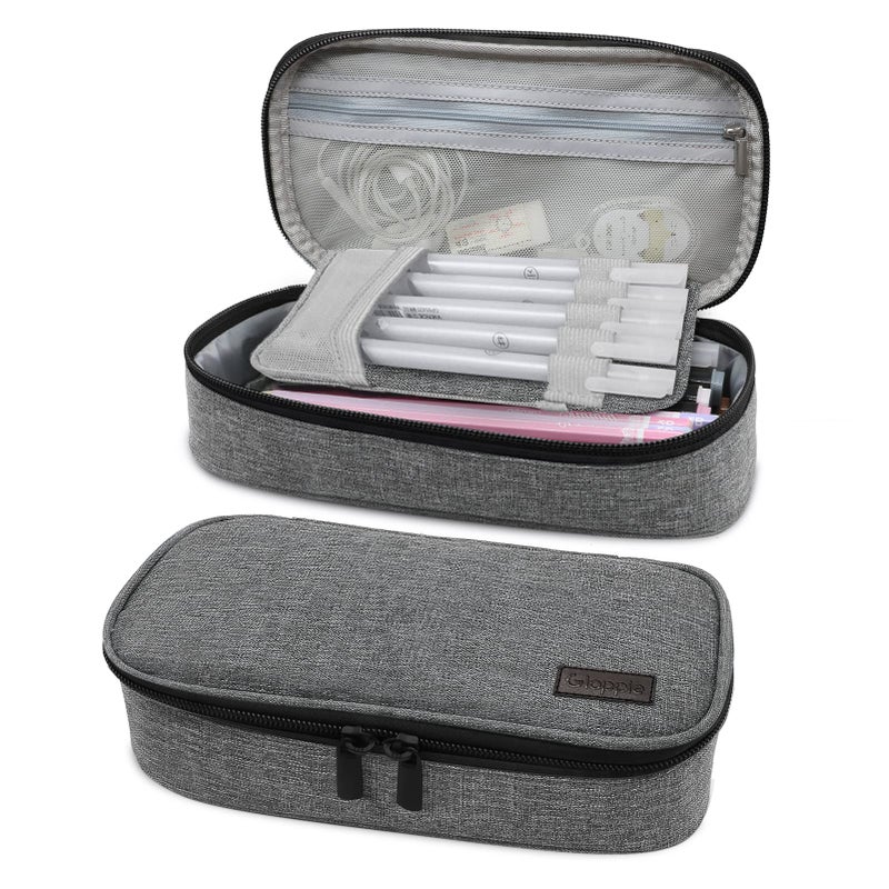 Gloppie Pencil Case Dual Zipper Pencil Pouch Pen Box School Supplies for Boys Adults Grey