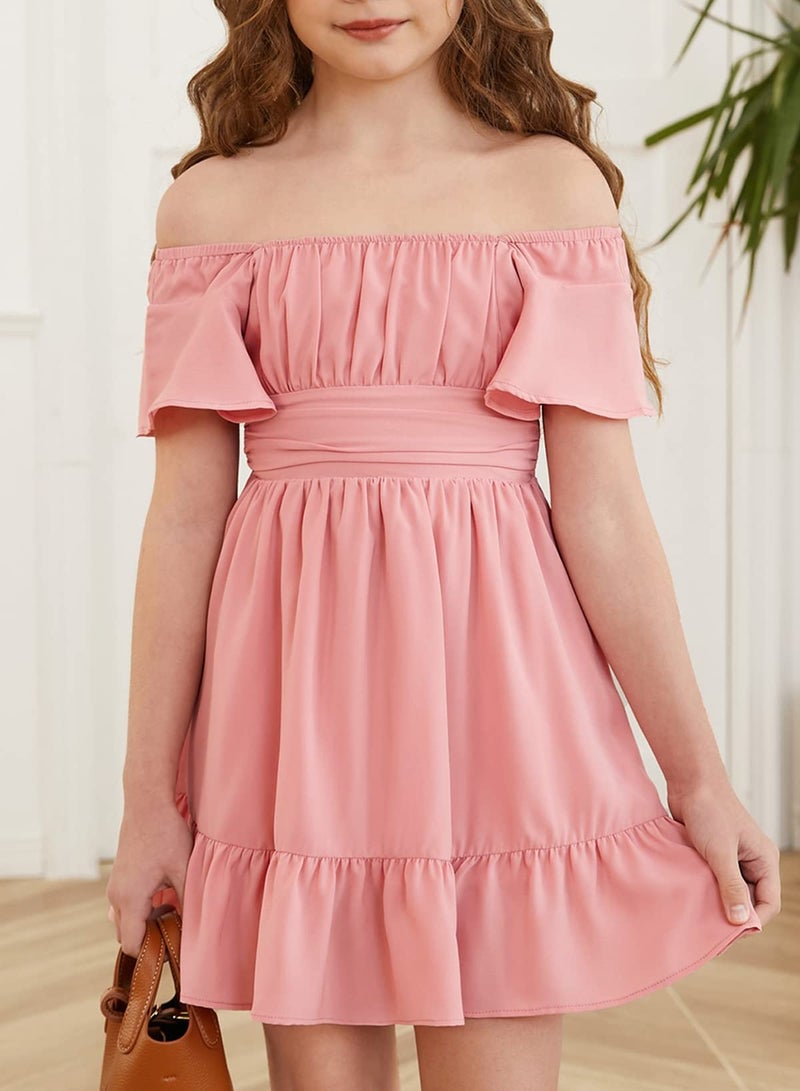 blibean Girls Summer Tie Back Dress Tween Kids Formal Boho Cold Shoulder Cute Dresses Ruffle Beach Short Tulle Clothing Vestidos NiÃ±as Size 10-11 Years Old Pink - Image 4