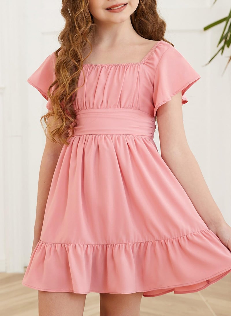 blibean Girls Summer Tie Back Dress Tween Kids Formal Boho Cold Shoulder Cute Dresses Ruffle Beach Short Tulle Clothing Vestidos NiÃ±as Size 10-11 Years Old Pink - Image 2