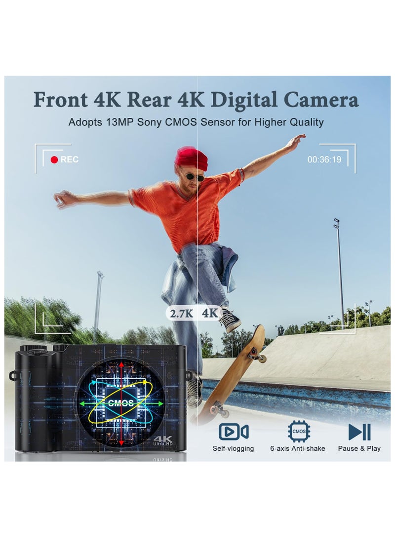ASIV 4K Digital Camera, 48MP Rear and Front Camera for Photography and Video Auto Focus Anti-Shake, 3 Inch Selfie Flip Vlog Camera with Super Bright Flash, Camera with Dial 16x Zoom - Image 2