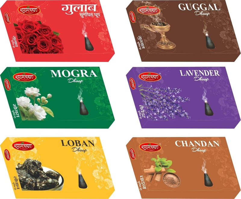 Shyam Charan Premium Wet Dhoop Cones Guggal Mogra Lavender Loban Chandan Fragrance Set of 6 Boxes NonToxic Herbal Aromatic dhup agarbatti Pooja Items