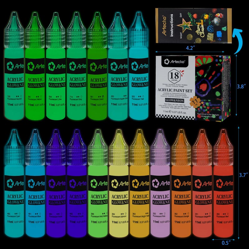Artecho Glow in the Dark Paint 18 Colors, 11 ml / 0.37 oz Acrylic Paint for Decoration, Supplies for Canvas, Rock, Wood - Image 4