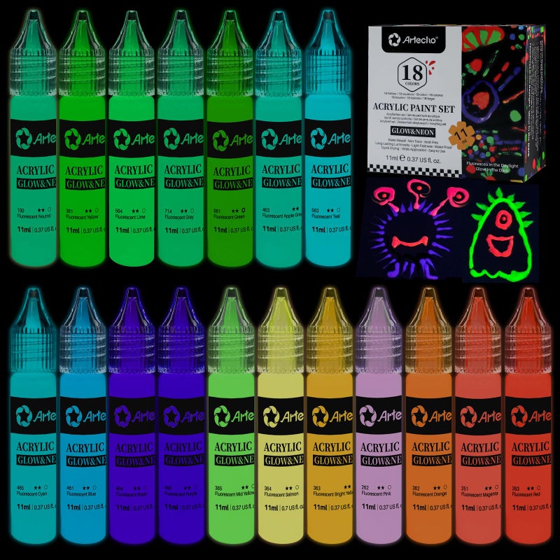 Artecho Glow in the Dark Paint 18 Colors, 11 ml / 0.37 oz Acrylic Paint for Decoration, Supplies for Canvas, Rock, Wood - Image 1