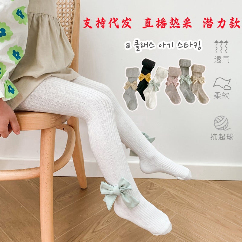 Children'S Pantyhose Girls Baby Bottomings Solid Color Bow Socks Baby Leggings - Image 2